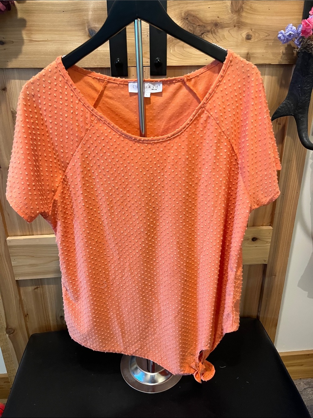 C’Est La Vie Orange Coral Textured Short Sleeve Tee with Side Knot